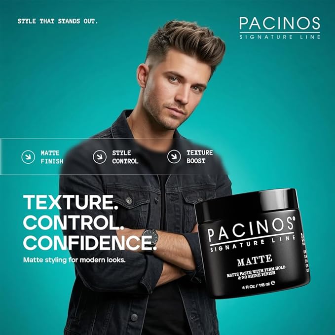 Pacinos Matte Hair Paste - Firm Hold, No Shine, Sculpting & Styling Wax, Long Lasting Definition & Texture, No Flakes, All Hair Types, 4 fl. oz.