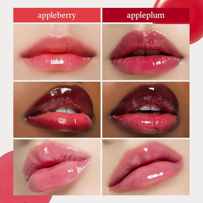 NOONI Vegan Appleseed Lip Oil Set - Appleberry & Appleplum | Long-Lasting, Moisturizing, Plumping, Revitalizing for Dry Lips, Waterproof, No Peel Off, Korean Tint, 0.12 FL Oz x 2ea