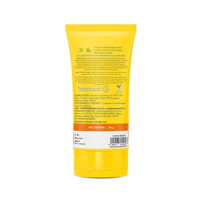 Mamaearth Vitamin C Sunscreen SPF 50 PA++++ | Broad Spectrum UVA/UVB Protection with Turmeric | Daily Glow Face Sunscreen | Lightweight & Fast Absorbing for All Skin Types | 1.76 Oz (50g)