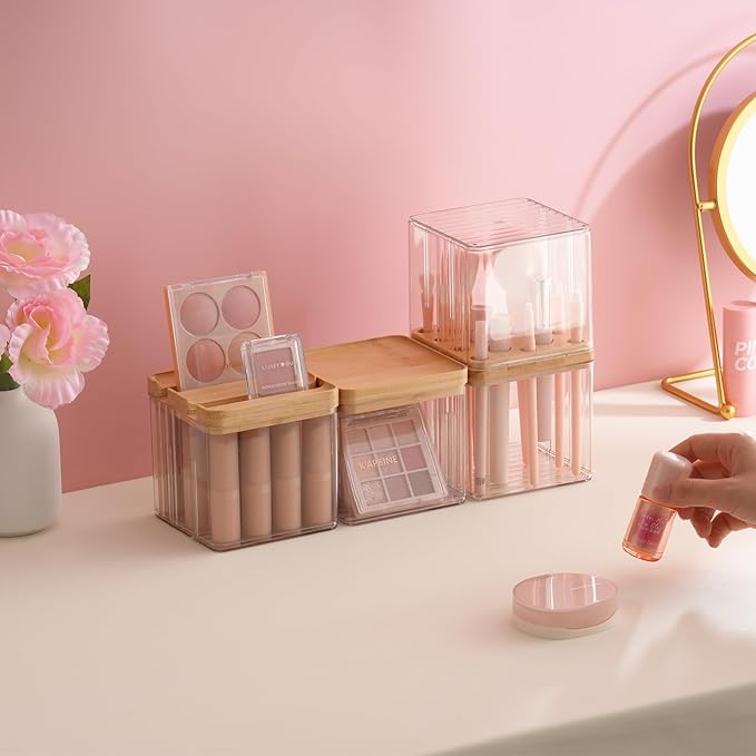 Makeup Brush Holder Comb with Cover Makeup Containers Organizers Set Makeup Holder Box Cosmetic Case With Lid Waterproof Dustproof Beauty Skincare Organizer Bathroom Vanity Countertop,Gift,Clear,3PCS