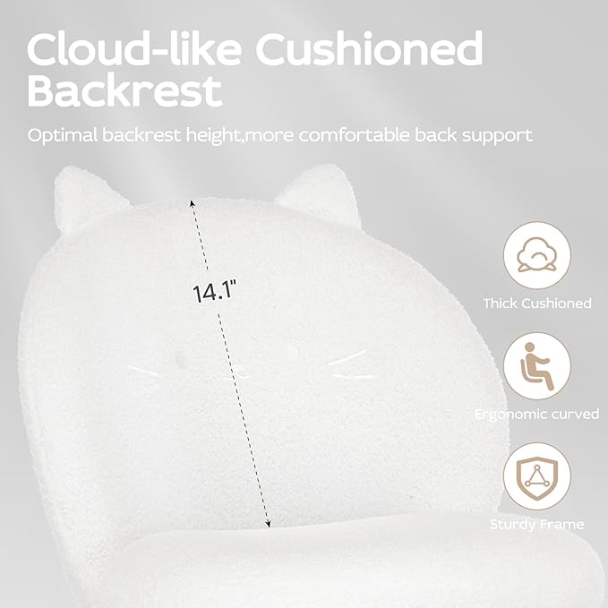 Vanity Chair with Cat Back,Armless Desk Chair Cute Small Office Chair,Teddy Fabric Computer Chair with Adjustable Height,120°Tilting,Rolling,Swivel for Vanity,Kids Room,Office,Bedroom White