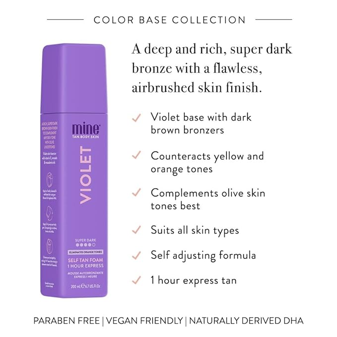 Minetan Violet Self Tanning Foam | Color Base Tan Collection - Rich Dark Brown Bronze Glow, 1 Hour Instant Express, Face & Body Fake Sunless Tanner Mousse, For All Skintones, 6.7 Fl Oz