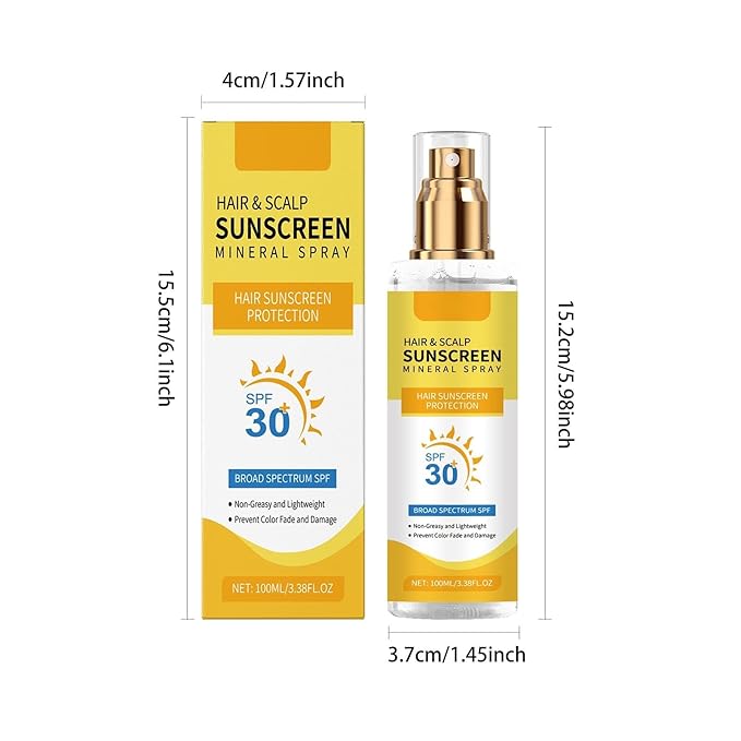 Hair & Scalp Sunscreen Spray SPF 30 Non-Greasy - UV Protection for Color-Treated Hair, Travel-Size Scalp Sunblock Prevents Fading & Dryness, Beach Pool Essential for All Hair Types 3.38oz (3)