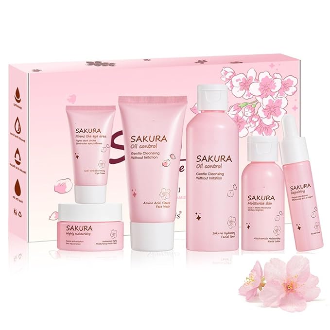 Sakura Skincare Kit Teen Girls Gifts - 6 Pcs Cherry Blossom Skin Care Set Travel Size Toiletries - Moisturize & Repair Skin, 10-12 - Facial Kit with Cleanser, Toner, Lotion, Serum, Cream & Eye Cream