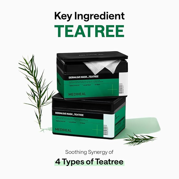 Mediheal Derma 365 Teetree Mask (30 Masks) - Daily Skin Care Mask for Deeply Comforting and Calming Skin with Teatree Active 4X