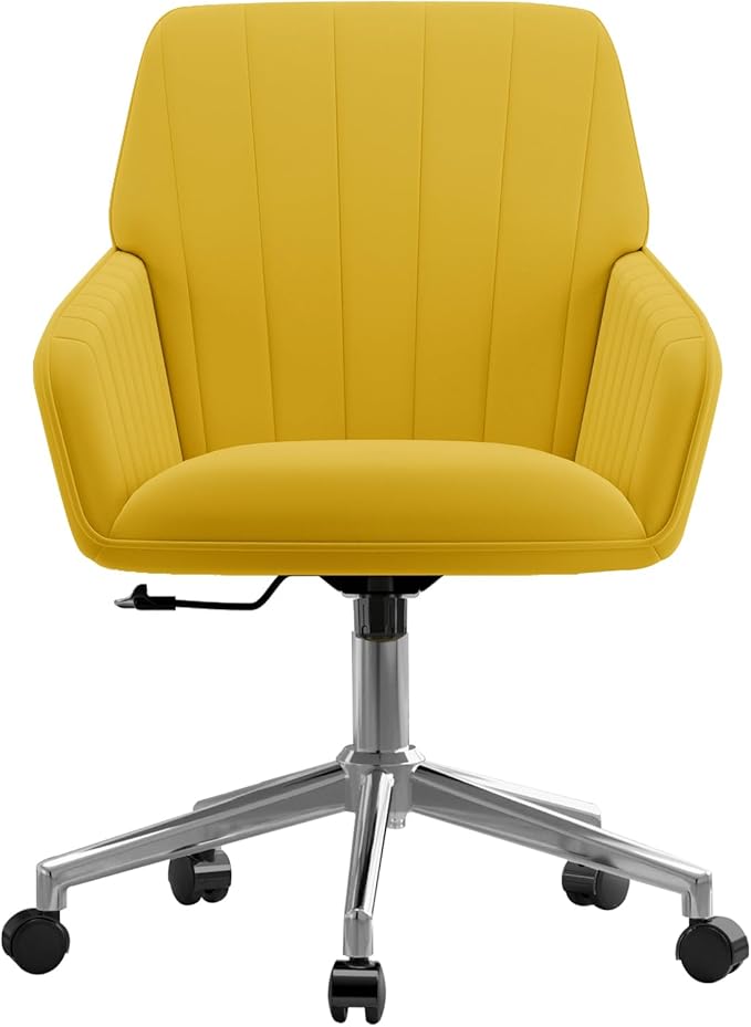 YISHENG Velvet Office Desk Chair with Silver Base, with Wheels,Modern Height Adjustable 360 Degree Swivel Upholstered Vanity Chairs with Arms for Living Room Bedroom,Yellow