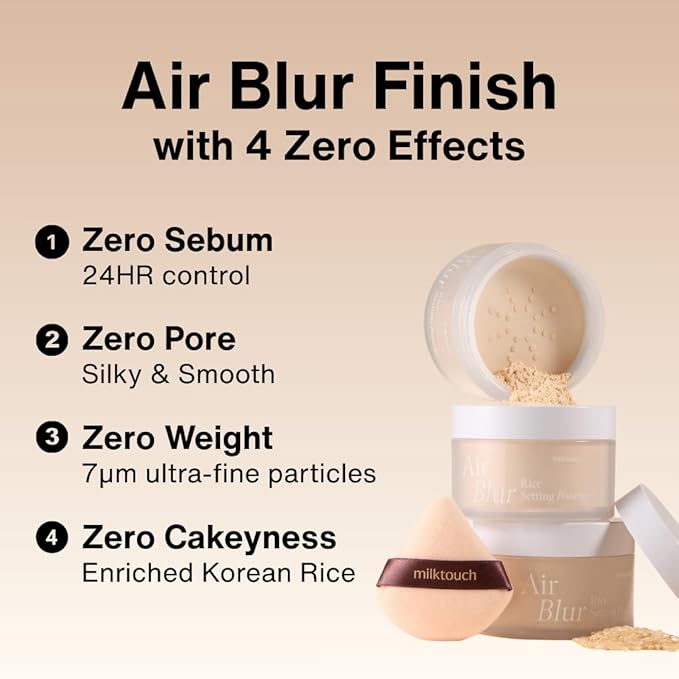 MILKTOUCH Air Blur Rice Setting Powder, Loose & Pressed Face Powder Foundation, Lightweight Vegan, Longwear 24H Blur Waterproof - Translucent
