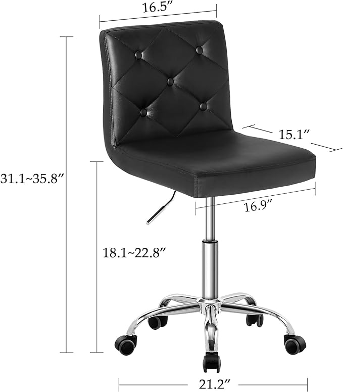 VECELO PU Leather Mid-Back Armless Vanity Chair Adjustable Height 360° Rolling Swivel for Home Office Work