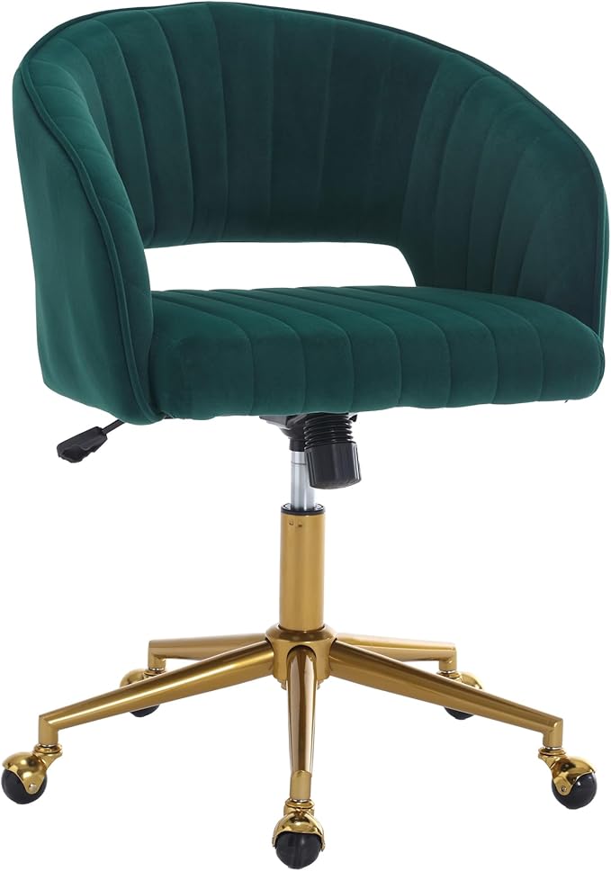 Home Office Swivel Desk Chair, Modern Velvet Vanity Chair, Height Adjustable Armchair with Gold Base, Ergonomic Office Chair for Task Study Computer Room, Dark Green
