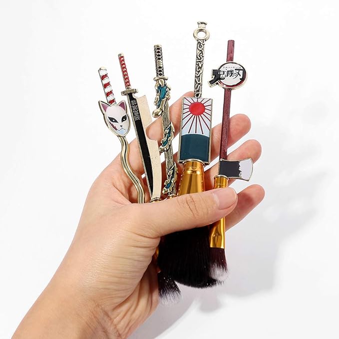 Anime Peripheral Demon Makeup Brushes - 5pcs Kimetsu Noyaiba Make Up Brushes Nezuko Tanjirou Metal Handle Makeup Tools Gift for Fans (Gold)