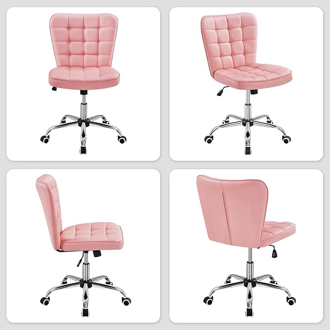 Yaheetech ModernTufted Armless Desk Office Chair Faux Leather Upholstered Computer Chair with Adjustable Seat Height and Rolling Wheels for Home/Office, Pink