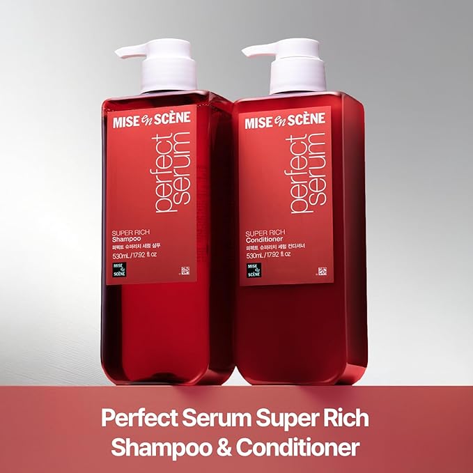 Mise En Scene Perfect Serum Super Rich Shampoo | Korean Shampoo for Severely Damaged Hair | Anti-Frizz, Hydrating, Nourishing | Korean Hair Care with Moroccan Oil, Jojoba Seed | 17.92 Fl Oz