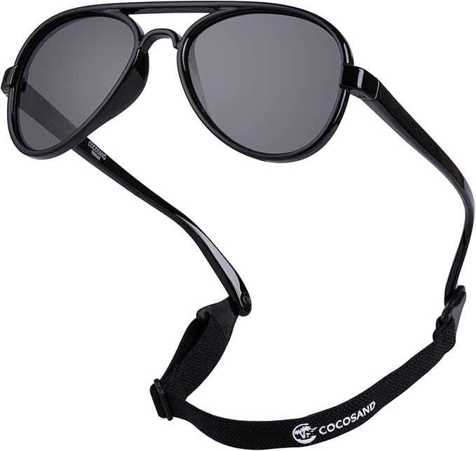 COCOSAND Baby Boys Girls Aviator Sunglasses with Strap Polarized Flexible Retro Pilot for Infants Toddler Age 0-24 Months