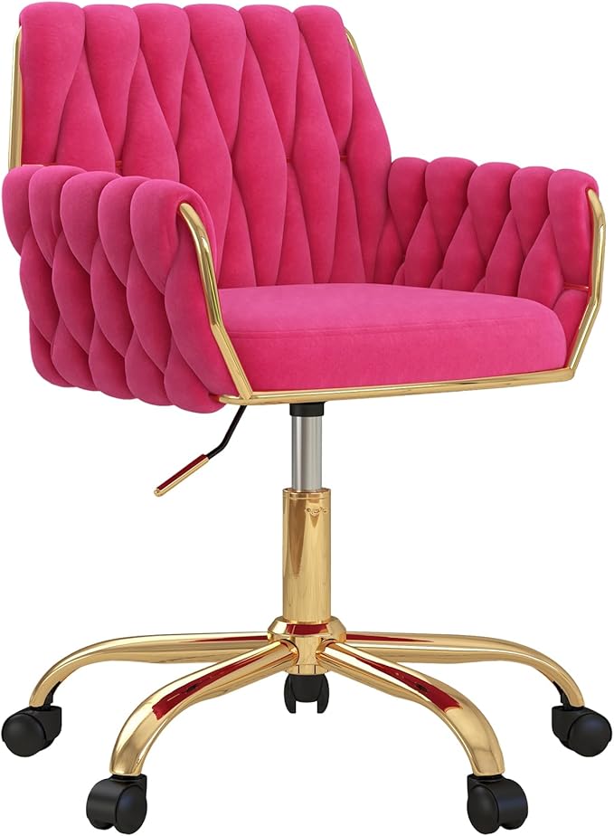 Velvet Home Office Chair, Modern Height-Adjustable Vanity Chair with Golden Base and Hand-Woven Backrest for Bedroom/Study/Vanity (Hot Pink)