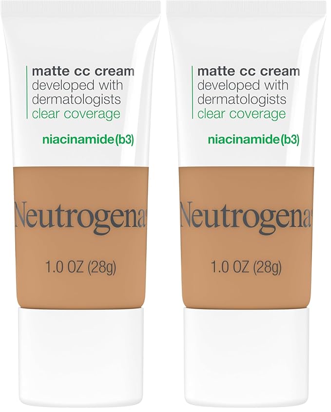 Neutrogena Clear Coverage Flawless Matte CC Cream, Full-Coverage Color Correcting Cream Face Makeup with Niacinamide (b3), Hypoallergenic, Oil Free &-Fragrance Free, Butterscotch, 1 oz (Pack of 2)