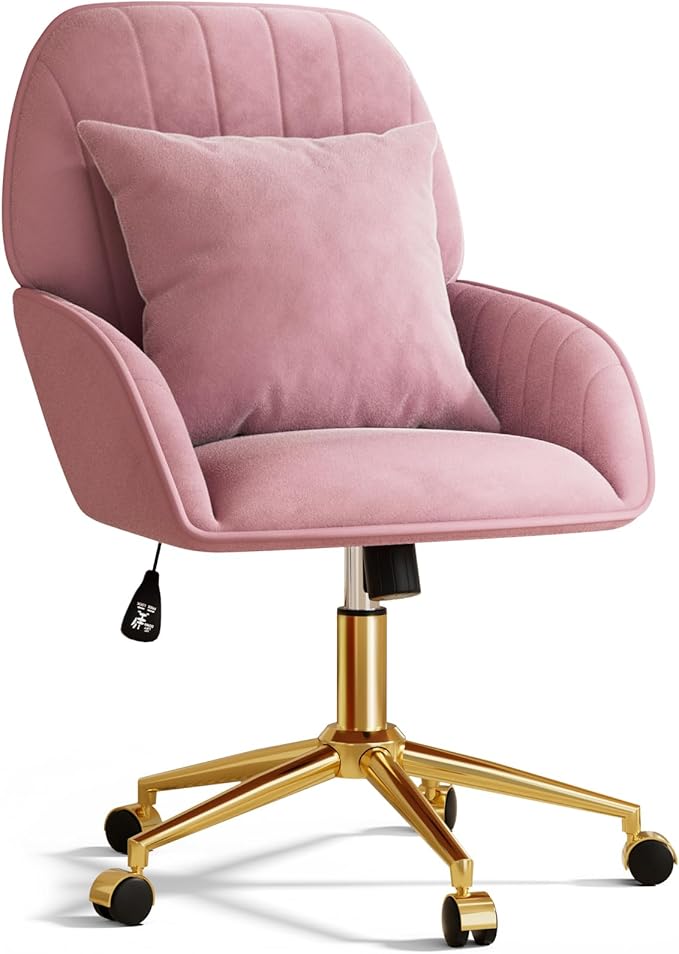 Home Office Desk Chair Comfy with Adjustable Swivel Wheels, Modern Velvet Makeup Vanity Chair with Back & Pillow, Ergonomic Office Chair Computer Task Chair for Living Room, Bedroom, Rose Pink