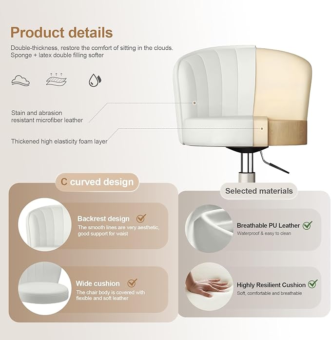 Small Desk Chair Round Rolling Chair with Back PU Leather Height Adjustable Swivel Vanity Work Computer Stool Chair for Home Office Bedroom, Set of 2