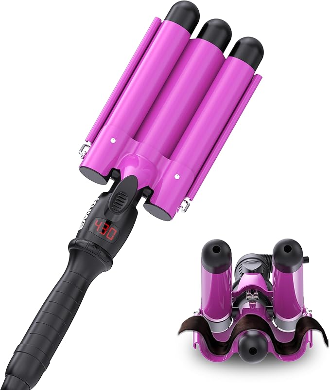 kuwa Crimper Hair Tool,15 Variable Temperature Waver Curling Iron,Three Barrel Curling Iron,Waver Hair Tool,Haircrimper for Women,HairWaver with LCD Temperature Display