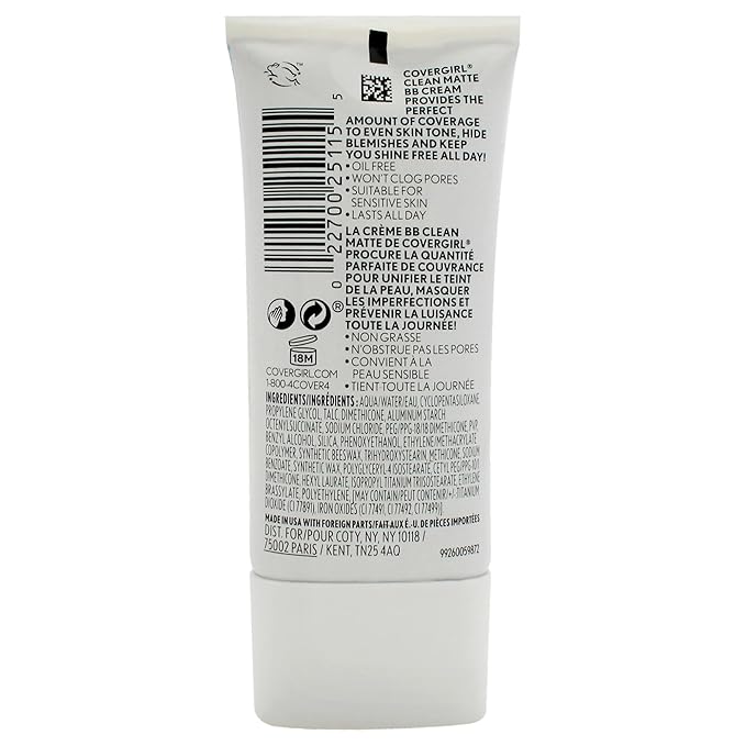 COVERGIRL - Clean Matte BB Cream, Oil-Free, Long-Lasting, Sensitive Skin, Lightweight, 100% Cruelty-Free