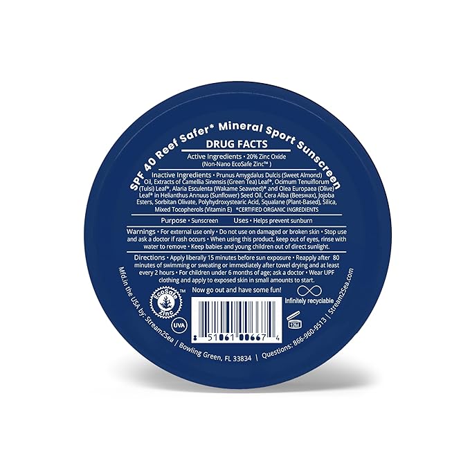 STREAM2SEA SPF40 Unscented Mineral Sport Sunscreen in Tin with EcoSafe Zinc for Face & Body, Natural Organic Biodegradable Coral Reef Safe Sunscreen, Travel Size, Mineral Based, 2.8 oz