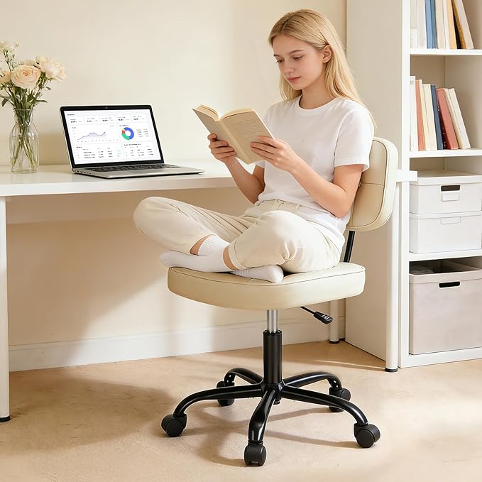 DUMOS Home Office Desk Chair - Ergonomic Armless PU Leather Computer Rolling Task Chair，with Comfy Lumbar Support and Height Adjustable, Vanity, Bedroom, Beige