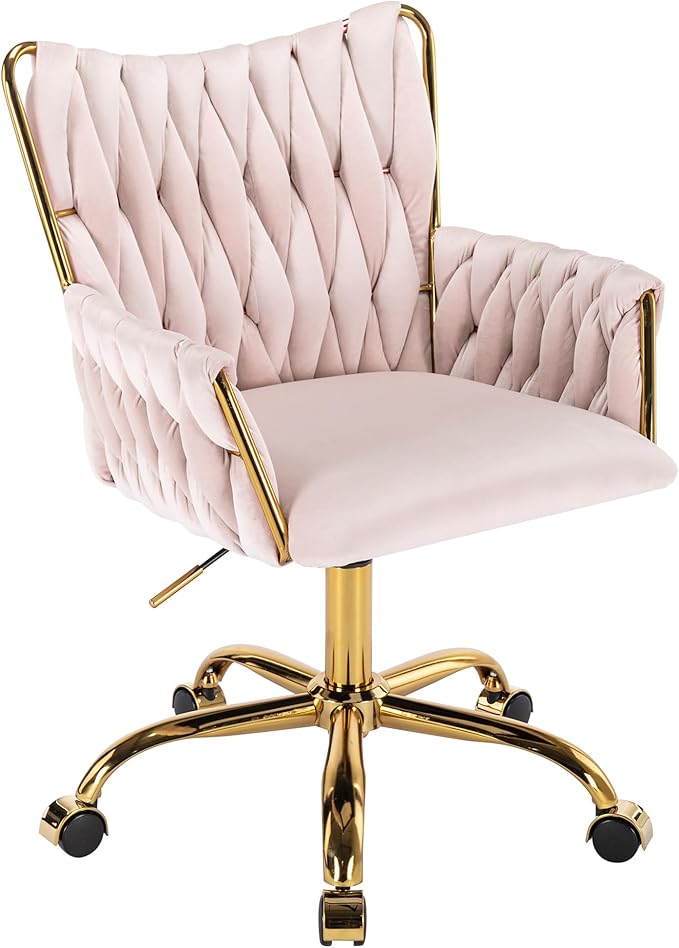 Westice Velvet Desk Chair, Home Office Gold Comfy Chair with Hand Woven Back, Height Adjustable Swivel Chair with Comfy Upholster for Makeup Vanity Living Room Bedroom, Light Pink