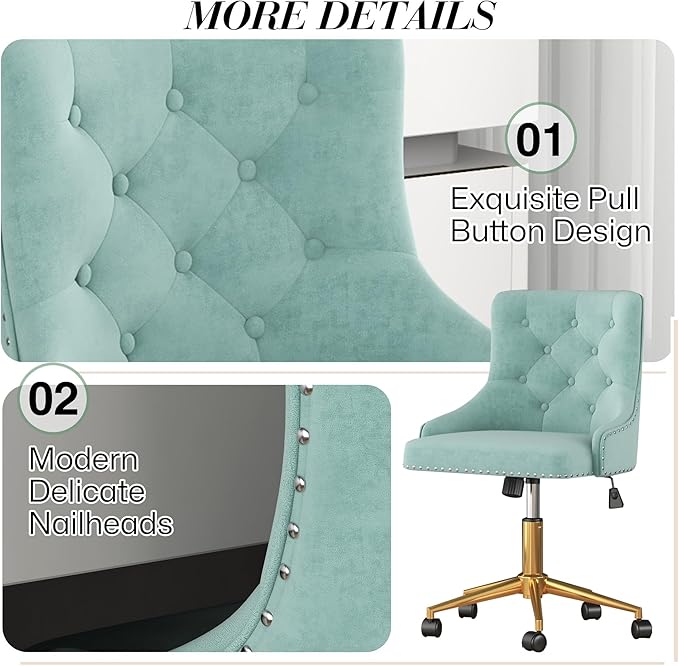 Velvet Armless Home Office Desk Chair, Swivel Height-Adjustable Small Cute Vanity Chair for Women/Girls, Comfy Makeup Chair with Rivet and Gold Base for Living Room, Bedroom(Green)