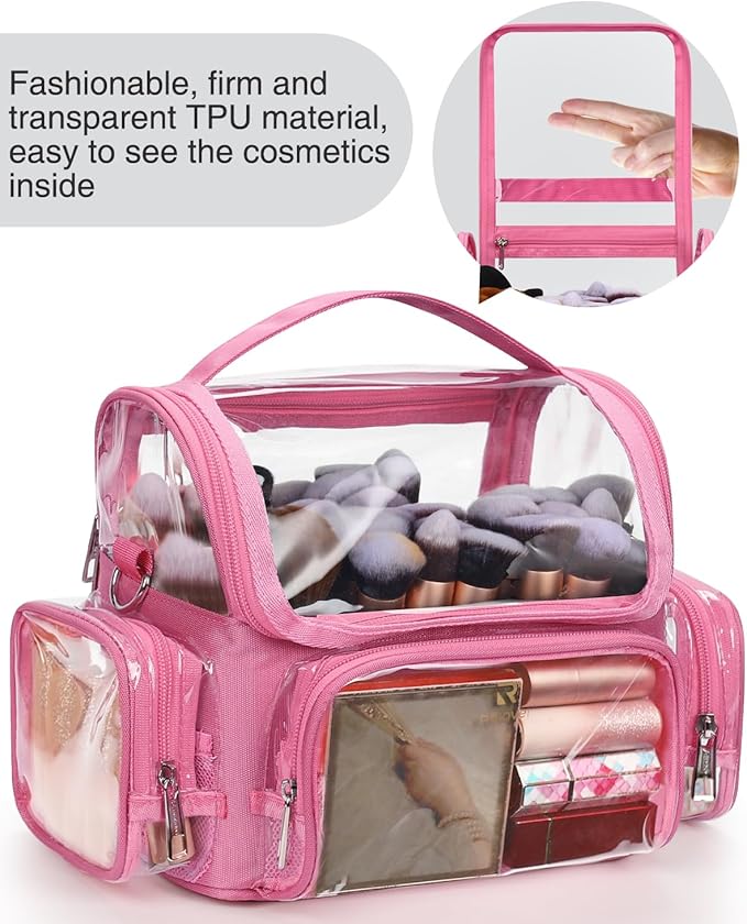 Pink Makeup Brush Bag, Large Makeup Brush Holder Professional Makeup Artist Travel Case Clear Waterproof Cosmetic Organizer Bag, Full Open Easy to Access, with Adjustable Strap and Dividers
