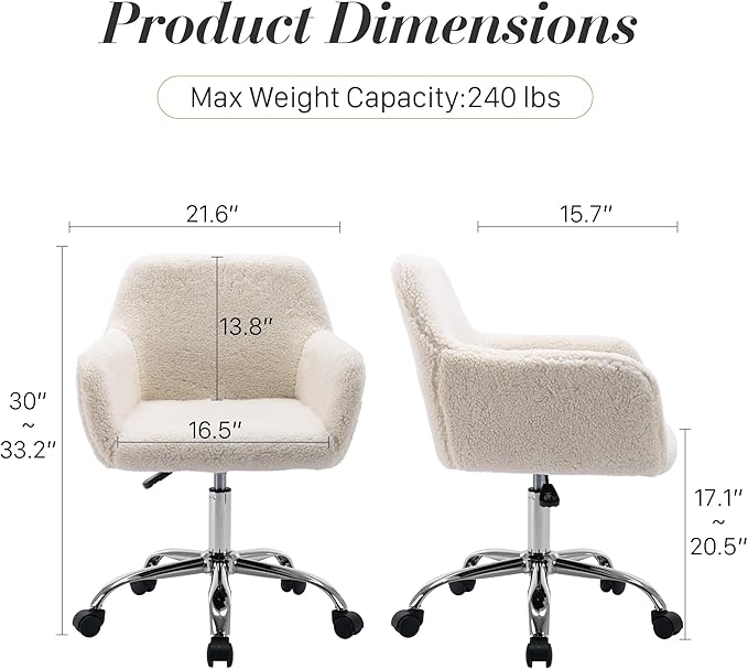 Faux Fur 360°Swivel Desk Chair, Height Adjustable Home Office Armchair with Slivery Base for Teens Women Girls, Upholstery Computer Chair for Home Studios, Sherpa & White
