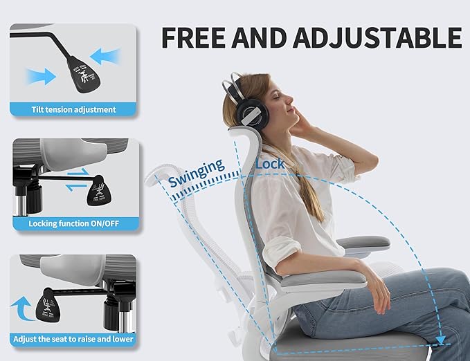 TRALT Ergonomic Office Chair - Desk Chair with Wave High Back Adjustable Lumbar Support Computer Chair - Gaming Chairs Mesh Backrest and PU Leather Seat for Home Reading Chairs to Adults(Grey)
