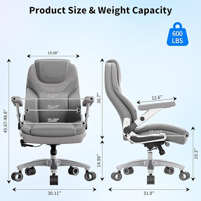 Big and Tall Office Chair with 5D Arms, 600lbs Fabric & PU Leather Heavy Duty Desk Chair, Adjustable Lumbar Support & Height, Tilt Function, High Back Ergonomic Executive Computer Chair