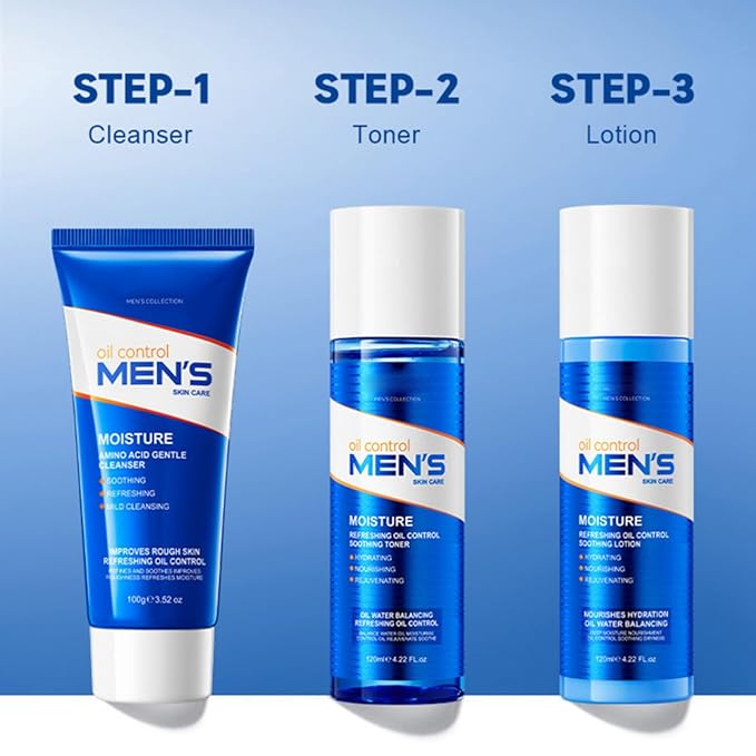 Men's Oil Control 3-Piece Skincare Set, Gentle Face Wash, Refreshing Toner & Lightweight Lotion for Oily Skin Balance, Valentine's Day Gifts for Men