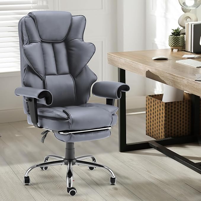 HOMREST 6-Point Massage Executive Chair, Ergonomic Heated Office Chair with Adjustable Backrest and Armrest, Home Office Desk Chairs with Retractable Footrest(‌SlateGray‌)