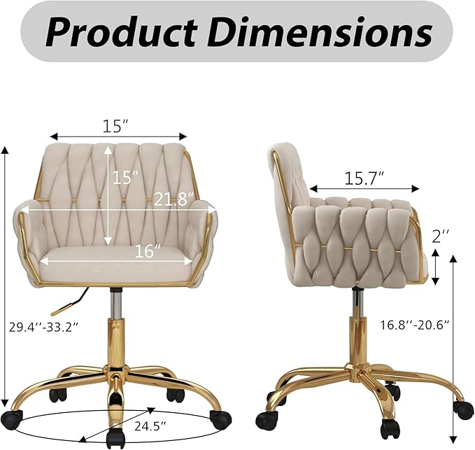 Woven 360°Swivel Desk Chair, Velvet Height Adjustable Home Office Armchair with Golden Base for Teens Women Girls, Upholstery Computer Chair for Home Studios and Office, Woven & Beige