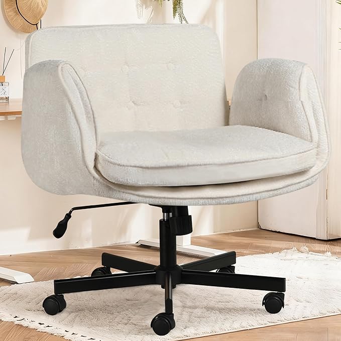 Criss Cross Chair with Wheels & Arms, Chenille Cross Legged Office Chair with 5-level Folding Armrest, Comfortable Adjustable Swivel Vanity Chair for Home, Make Up, Bed Room, Office, Accent (White)