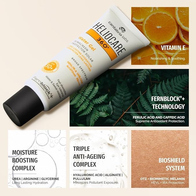 Helio-care 360º Water Gel SPF 50+ PA++++ Sunscreen | Ultra-Light, Hydrating Sunscreen for Dry & Dehydrated Skin | Hyaluronic Acid | Water & Sweat Resistant | No White Cast | 50ml