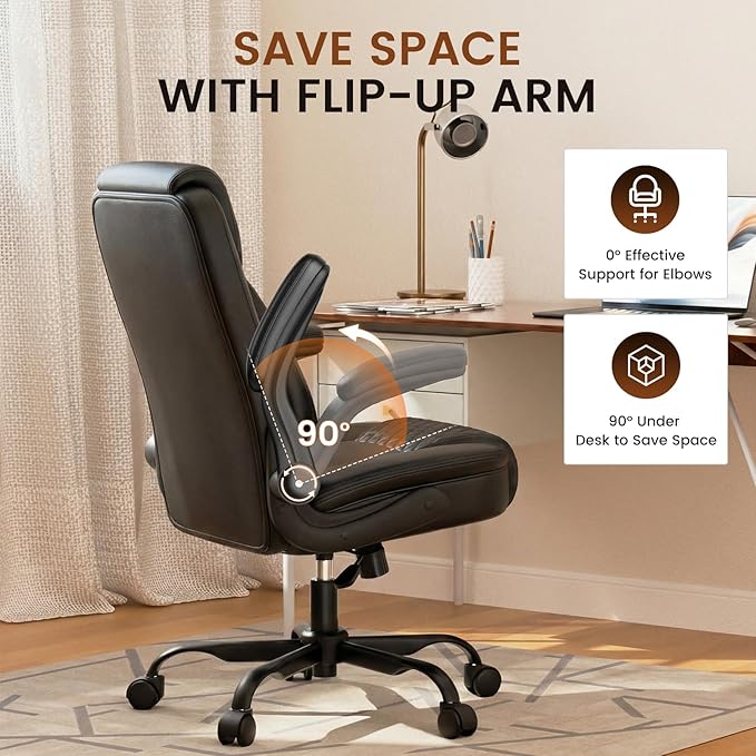 GTPLAYER Leather Office Chair, Home Desk Chair with Flip-up Arms and Ergonomic Back - Comfy Heavy Duty Executive Chair for Home Office Gaming, Charcoal Black
