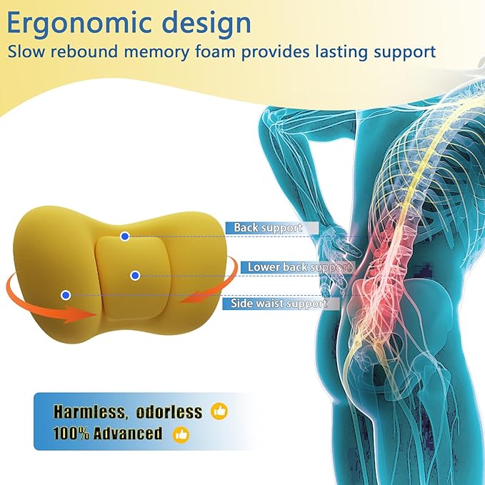 Lumbar Support Pillow, Back Support for Office Chair Car Ergonomic Memory Foam Lumbar Support Pillow Fatigue Relief, Comfort and Support Your Back