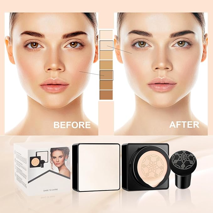 Air Cushion CC Cream Mushroom Head - Moisturizing & Oil Control Screw Lid Concealer Makeup Base, Primer Liquid Foundation Long Lasting with Mushroom Makeup Sponges for All Skin Types (Ivory)