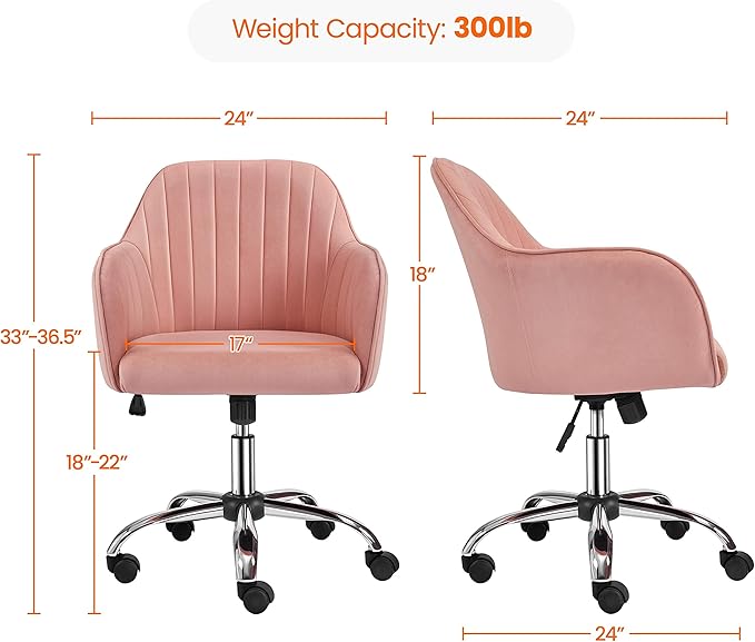 Yaheetech Pink Desk Vanity Chair Comfy Modern Aesthetic Accent Armchair Height Adjustable Swivel Computer Chair for Bedroom or Office