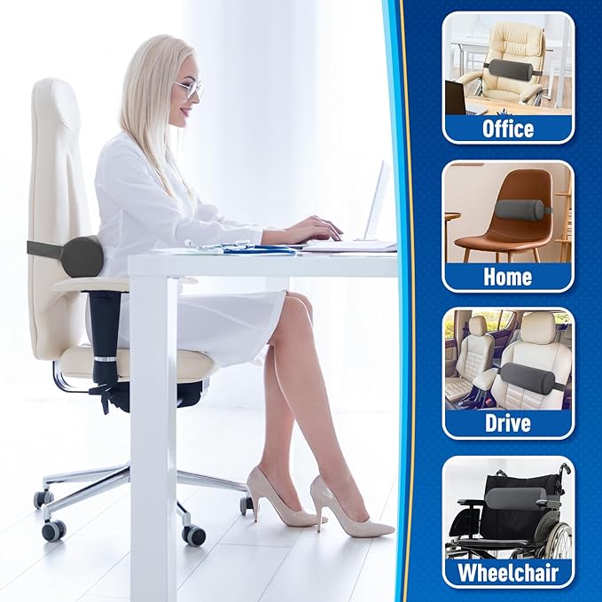 Lumbar Roll Support Pillow for Office Chair, Car, Gaming Chair, Memory Foam Back Cushion with Washable Cover for Relieving Back Pain & Improving Posture,Grey