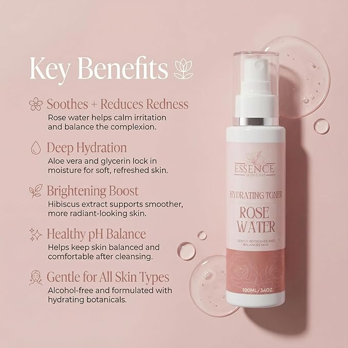 Essence Skin Care Rose Water Hydrating Toner, Face Mist with Aloe Vera, Hibiscus Extract, Glycerin, Alcohol-Free, Soothing Facial Spray, for Normal, Dry, Combination, Sensitive Skin