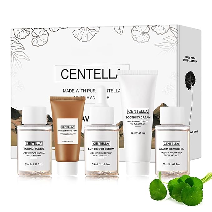 Centella Travel Kit, Toner, Sun Repair Serum, Soothing Cream, Cleansing Oil, Acne Cleansing Foam, Basic Mini Size Skin Care Kit Box & Gift Set for Women, Stocking Stuffers