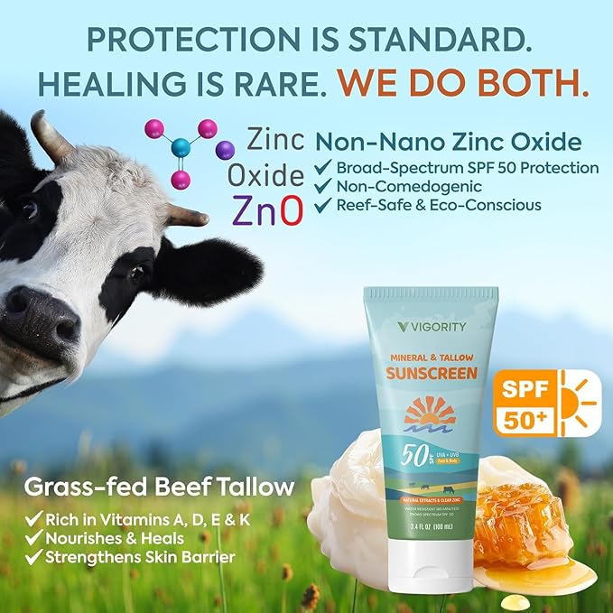 Vigority Tallow Sunscreen SPF 50 for Face & Body – Natural Grass-Fed Beef Tallow, Non-Nano Zinc Oxide – Moisturizing Mineral Sunblock, Non-Greasy & Non-Toxic, Reef Safe for Adults & Kids (3.4 oz)