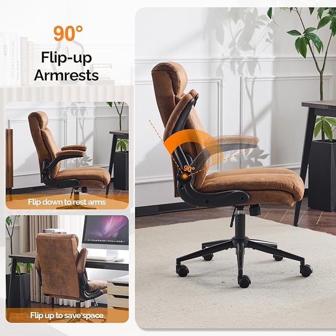 VINGLI Microfiber Brown Rolling Ergonomic Office Desk Chair with Padded Flip-up Arms, 360°Swivel High Back Executive Computer Chair with Wheels for Game，Home Small Space, Study Room, Reading Room
