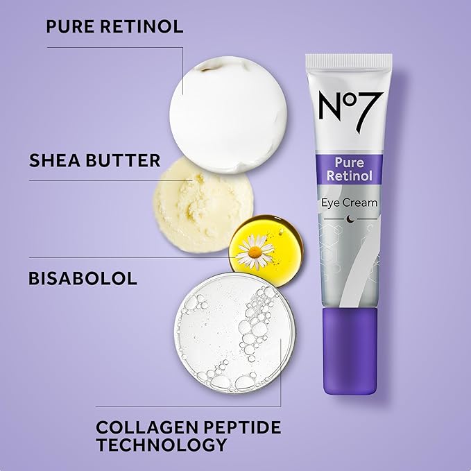 No7 Pure Retinol Eye Cream - Under Eye Cream for Wrinkles, Fine Lines & Puffiness with 0.5% Retinol - Infused with Shea Butter to Smooth and Hydrate Skin (0.5 Oz)