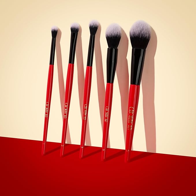 Professional Makeup Brush Set, 5-Piece, Ombre Bristles, Vegan, Red-Black Handle with Gold Branding