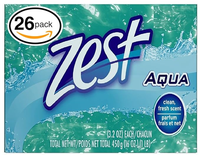 Zest (PACK OF 26 BARS) AQUA Deodorant Bar Soap with Vitamin E. All-in-one exfoliating & moisturizing soap Leaves Skin Smooth & Radian! Great for Hands, Face & Body! (26 Bars, 3.2oz Each Bar)
