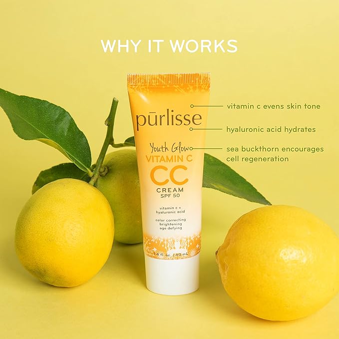 pūrlisse Youth Glow Vitamin C CC Cream with SPF 50 - Color Corrector Enriched with Sea Buckthorn, Vitamin C & Hyaluronic Acid - Boosts Radiance & Youthfulness - Paraben-Free - Light Medium (1.4 oz)