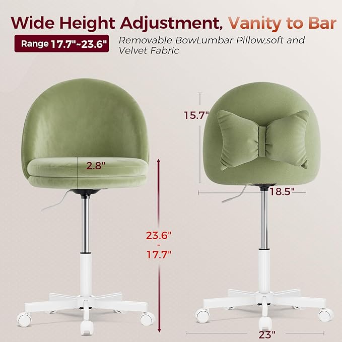GTPLAYER Velvet Tall Office Chair with Wheels Vanity Chairs with Back, Versatile Height Use: Office to Bar Stools Small Ergonomic Comfy Armlees Computer Desk Chair with Bow Lumbar Pillow for Gift